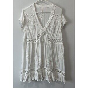 Free People White boho Embroidered flowy mini Dress XS Beach Festival Hippie